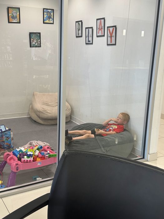 Passing the time in the dealership's play room while we wait on news about the truck.