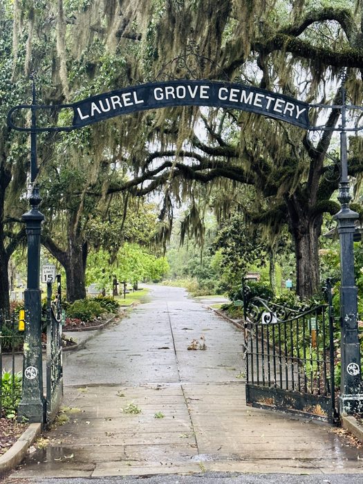 The wrought-iron gate marking the entrance to historic Laurel Grove Cemetery.