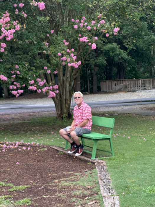 A quiet minute on the bench under the crepe myrtles before the day gets going.