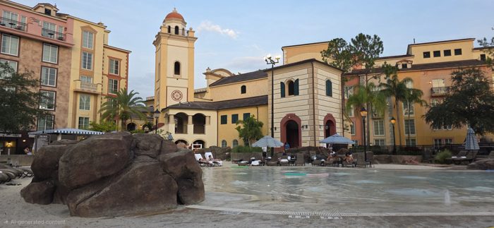 Golden evening light over the resort's Italian-village pool as guests wind down for the night.