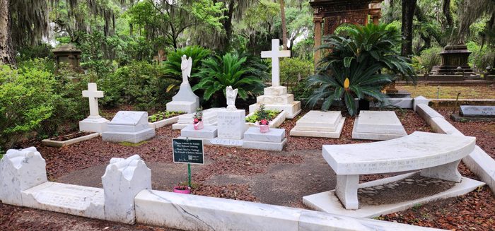 A tidy white-bordered plot dotted with crosses sits beneath a slender palm at Bonaventure.