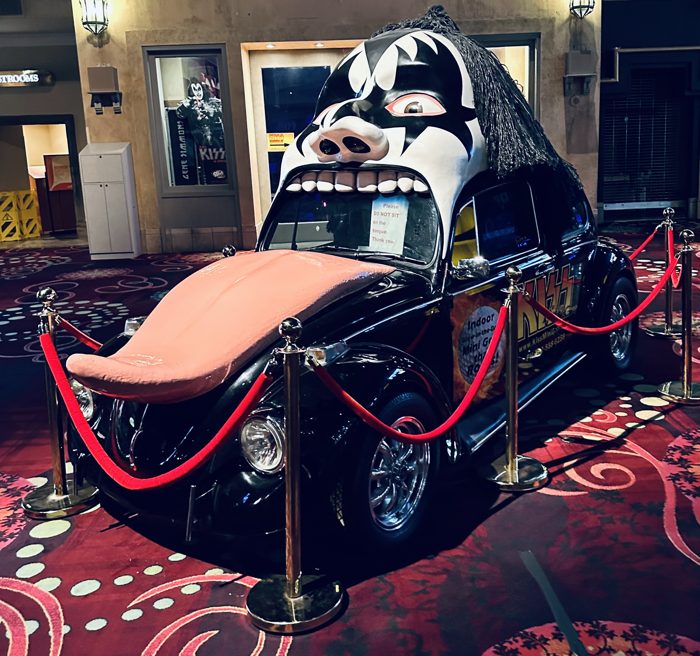 The wild KISS-themed car at the rock memorabilia spot.