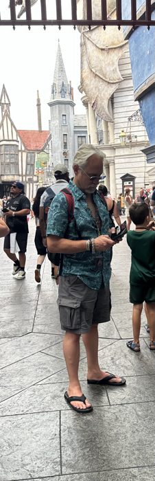 Checking a park map amid the crowds along the cobblestone streets of Diagon Alley.