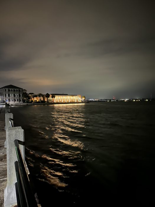 Quiet evening light over the Charleston harbor and bridge.