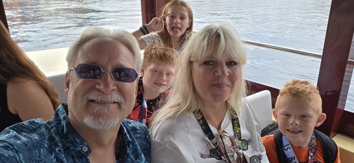 A full boat selfie with the whole family squeezed in for the water taxi ride.