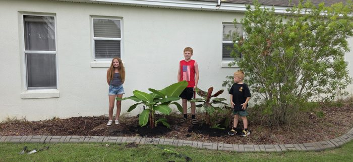 A near-identical shot catches the kids grinning by the freshly mulched bed.