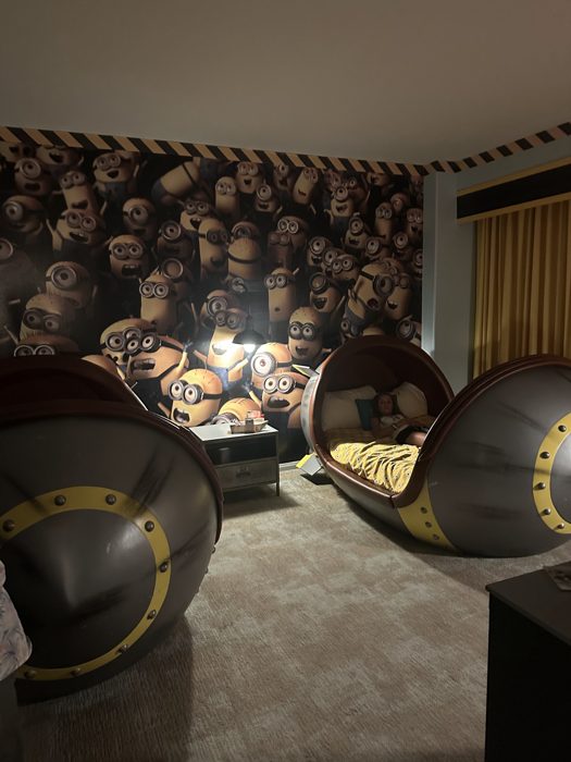 Tucked into one of the pod beds in our Minions-themed room for the night.