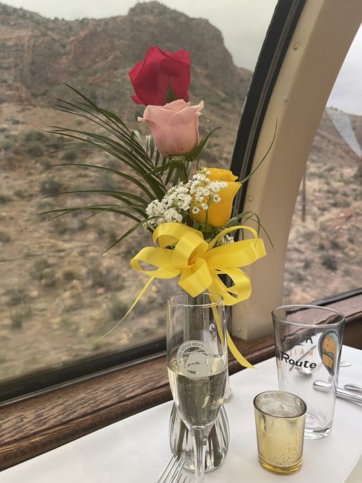 A cheerful little vase of yellow blooms brightening our table as the canyon slid by.