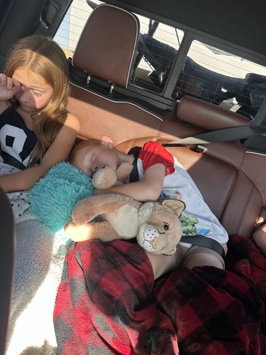 The whole back row out cold, blankets and stuffed animals still in hand.