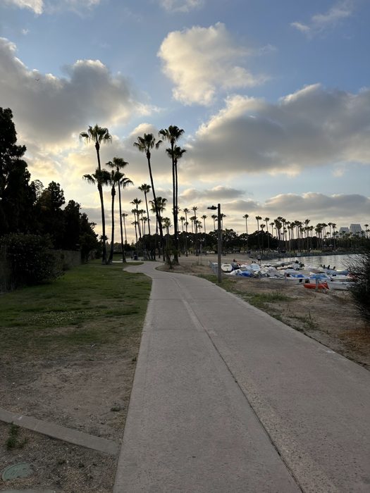 Golden evening light over San Diego Bay with the Coronado Bridge stretching across the water.