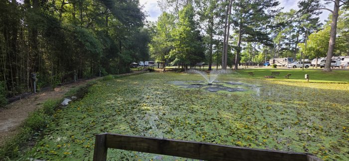 A peaceful view across the fountain pond to our neighbors' rigs settled in for the morning.