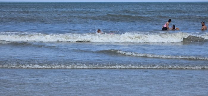The kids bodysurf a wave while the rest of the family wades nearby.