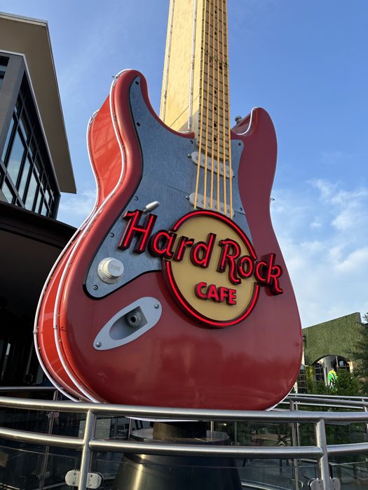 The giant red Fender guitar standing tall outside the Hard Rock.