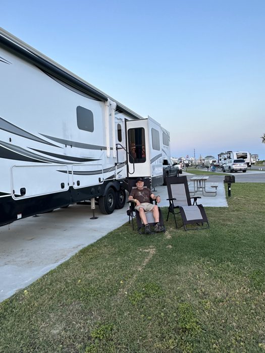 Our fifth-wheel set up at the RV park in Galveston, home base for the stay.