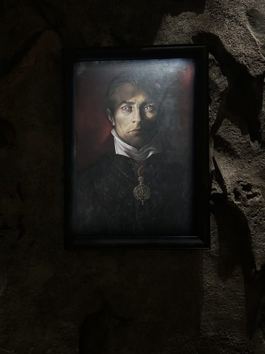 An eerie portrait with eyes that seem to follow you lines the stone corridor of the queue.