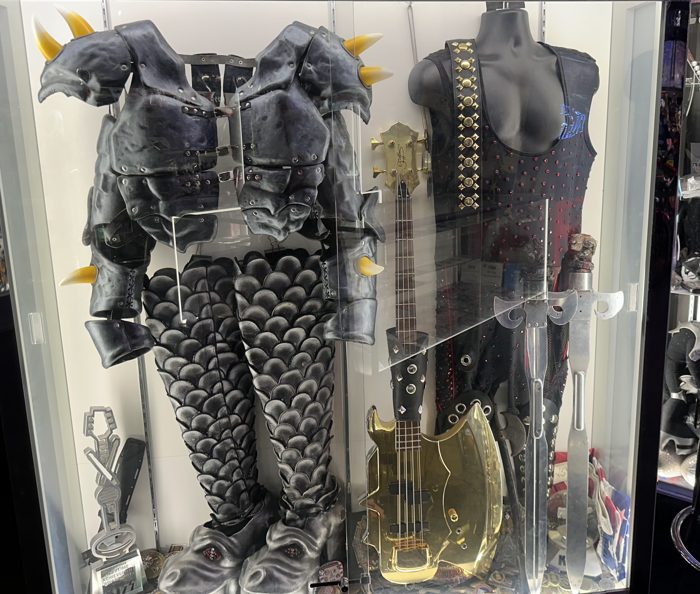 A studded KISS stage costume and platform boots on display at the Hard Rock.
