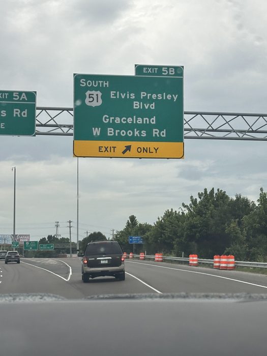 Passing the exit for Elvis Presley Boulevard and Graceland as we roll through Memphis.