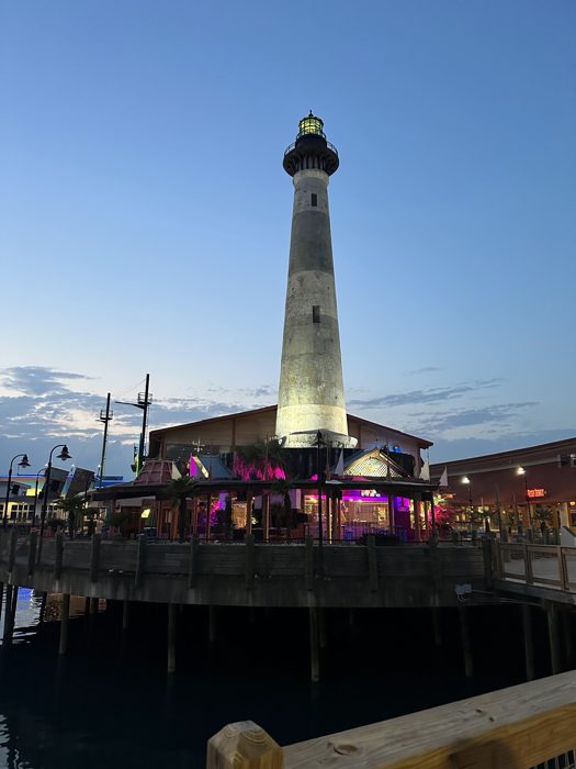 The tall observation tower glowing over the pier as the boardwalk lights come up at sunset.