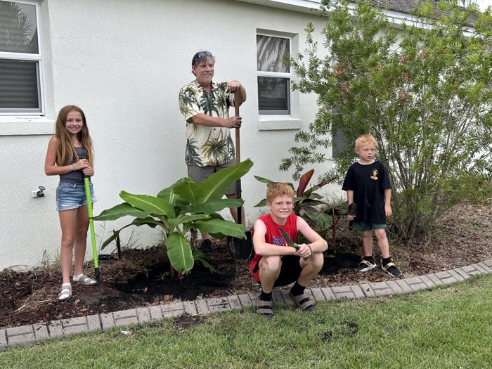 A closer look at the freshly dug banana bed and the proud planters standing over it.