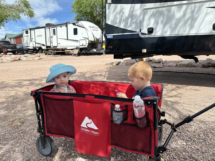 The little ones piled into the red wagon as we got rolling near the campers.