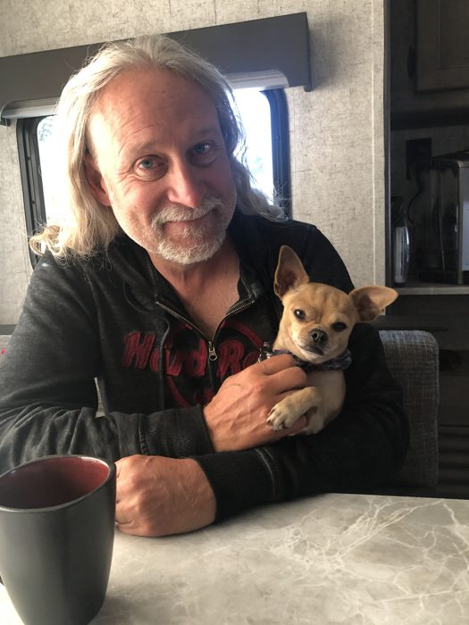 Coffee and a lap dog to start the morning at camp.