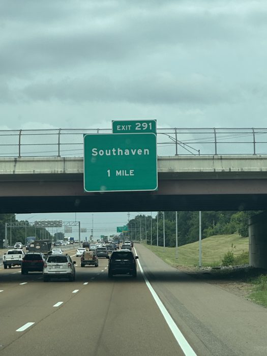 Traffic thickens near the exit for Southaven as we roll south.