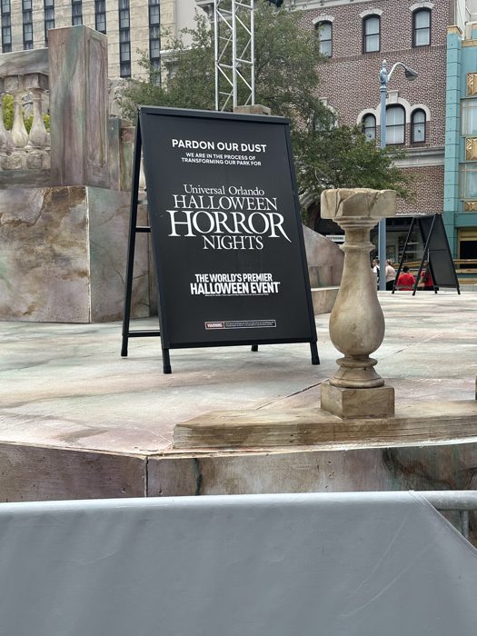 A sign warns of Halloween Horror Nights construction already underway at Universal in the middle of summer.