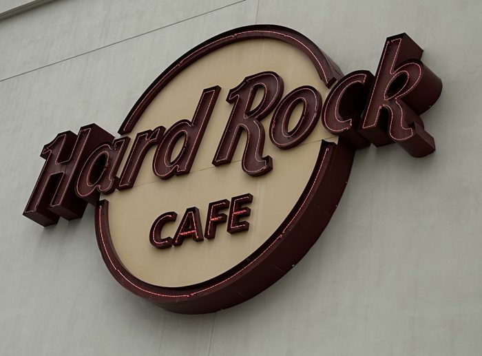 The iconic Hard Rock Cafe logo sign at the Biloxi resort.