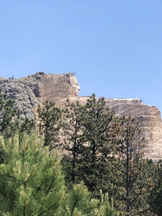 Bare rock rises into a clear blue sky above the pines near Crazy Horse.