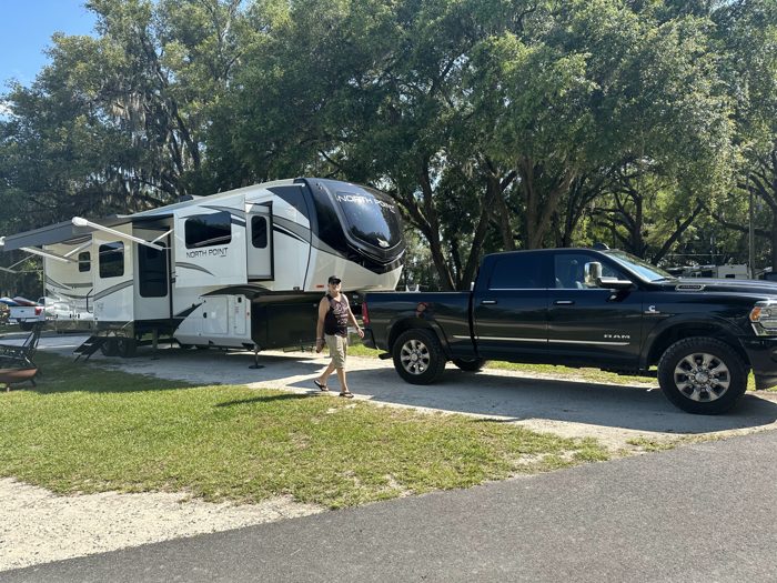 Our fifth-wheel and truck settled into the shady RV site for the Savannah stay.