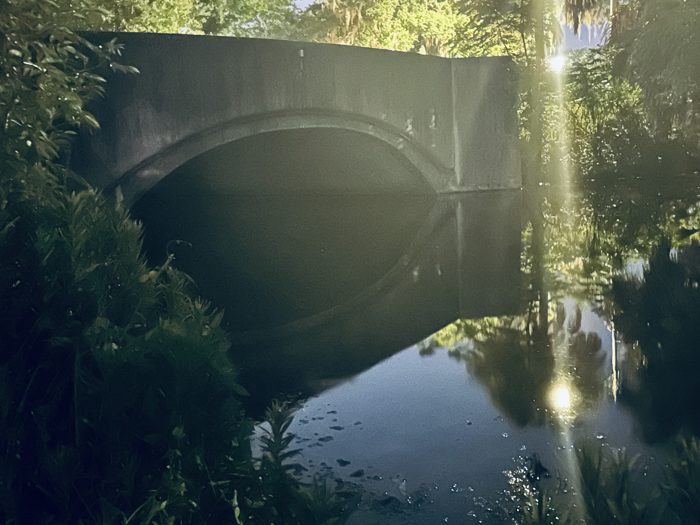 Morning light pours through a stone bridge arch over a still bayou channel.