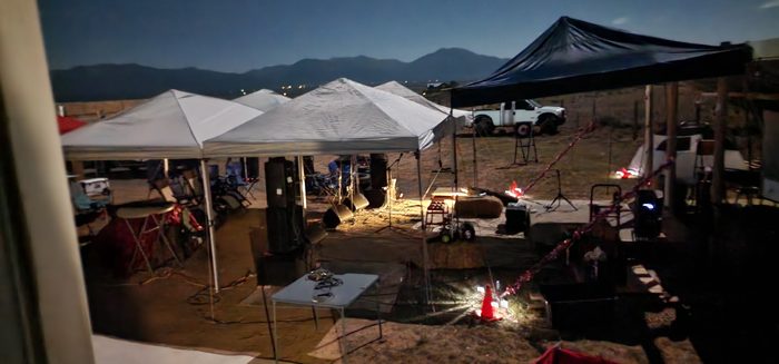 Our rig settled in under the awning at the desert dispersed camp outside Taos.