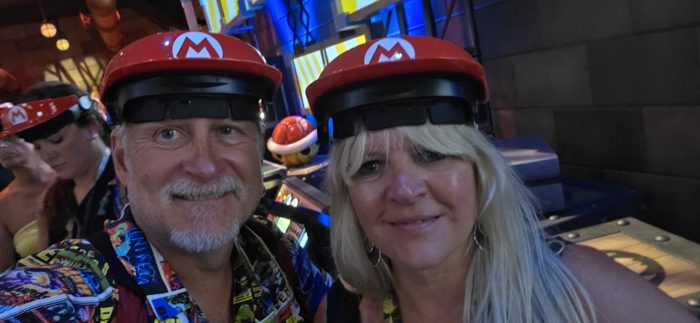 Another close-up in the Mario caps, still buzzing from the ride.