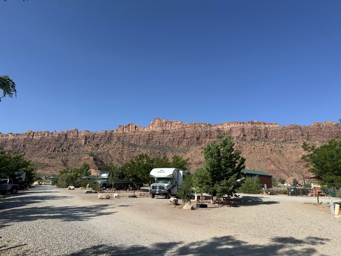 Our rig parked among the red rock cliffs at the Moab-area campground.