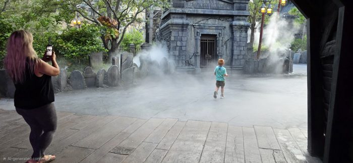 One of the parents snaps a photo as a kid dashes through the fog toward the Catacombs gate.