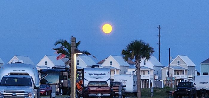 The full moon glowing over the rows of RVs and palms at blue hour.
