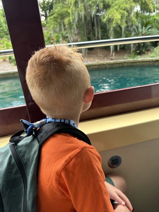 One of the kids watches the canal go by from the water taxi window.