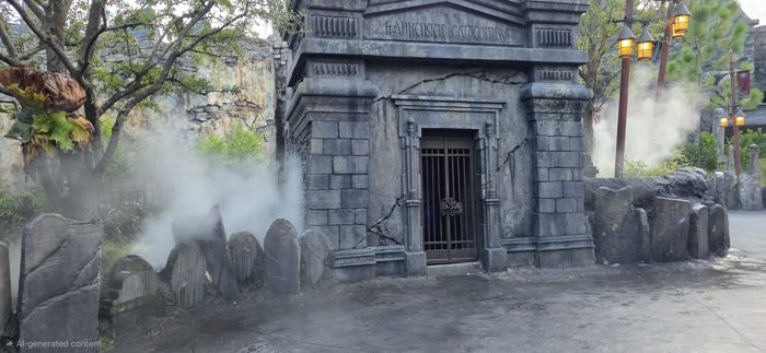 Mist curls around the crumbling tombstones outside the Catacombs gate.