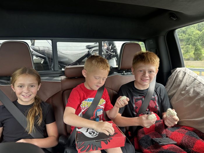 Another giggly round of dough-ball antics from the kids on the drive.