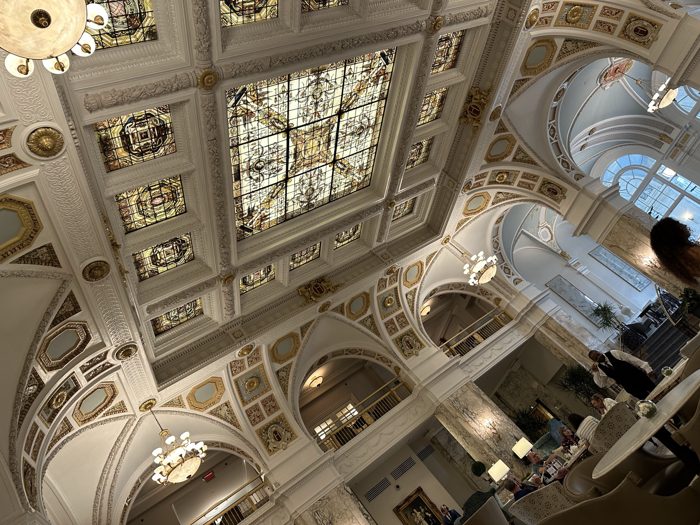 Looking up into the soaring Hall of Fame rotunda with its starburst ceiling.