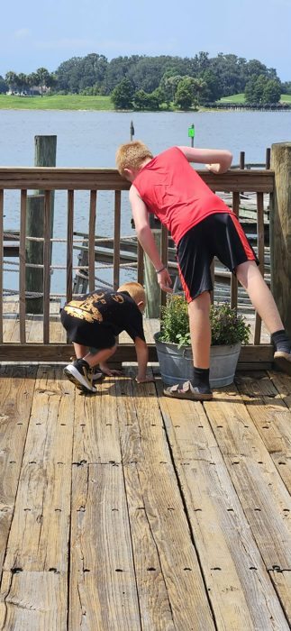 The boys crouch down on the dock, getting a closer look at something along the railing.