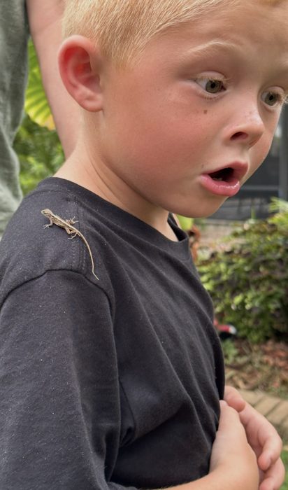 One of the kids freezes mid-reaction as a tiny lizard hitches a ride on his shoulder.