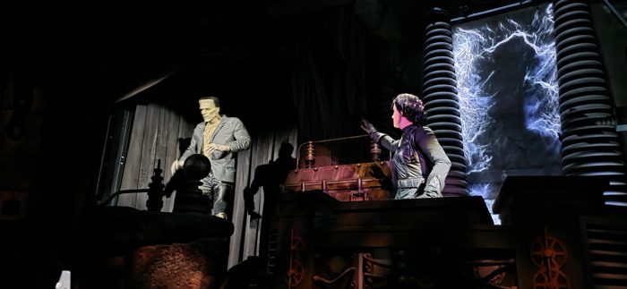 A Frankenstein's monster scene crackling with electricity inside the ride.