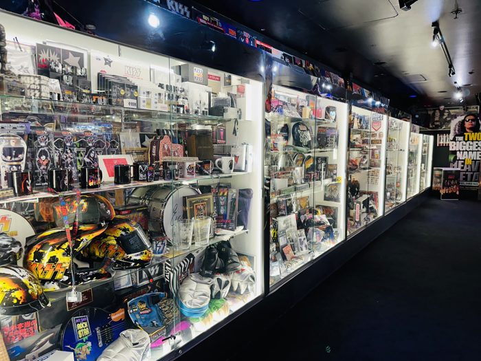 Rows of music memorabilia packed into the glass display cases at the Hard Rock.