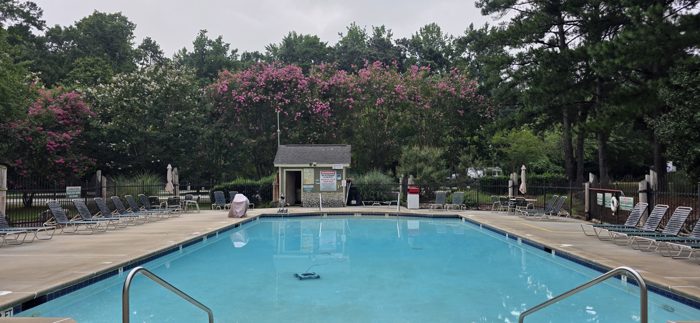 The pool sits still and empty under a gray morning sky, crepe myrtles blooming along the fence.