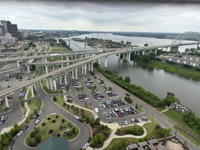 A sweeping view of the Mississippi River, the highway interchange and Memphis sprawling out below the Pyramid's lookout.