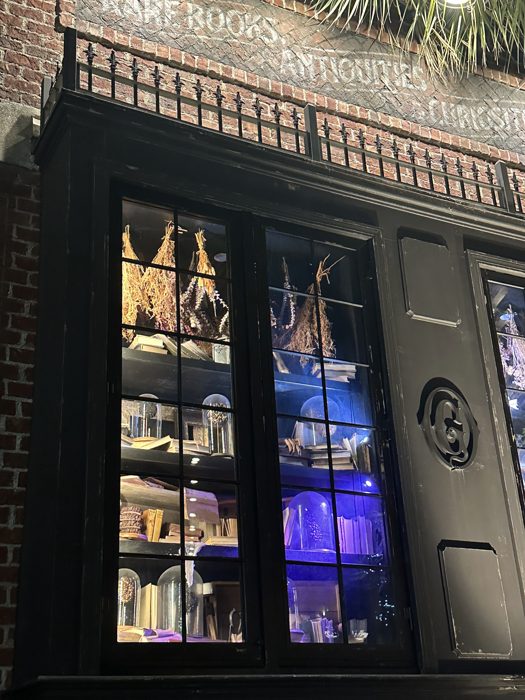 Books and curiosities glow blue and gold behind the glass of Gideon's display case windows.