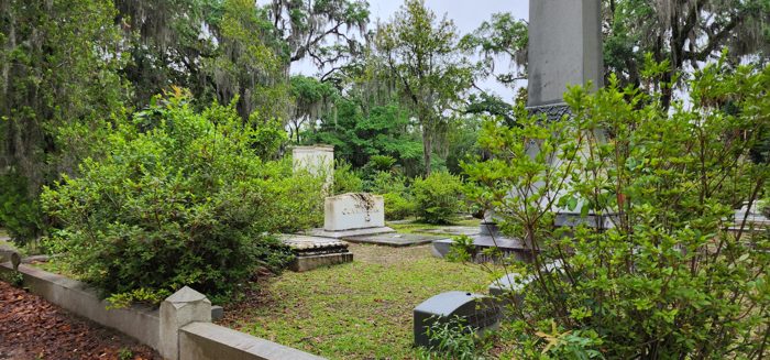 A simple grassy family plot rests in the dappled shade of Bonaventure's old oaks.
