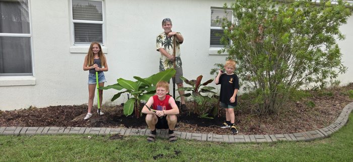 Another take on the yard-work lineup, the new banana leaves already taller than the youngest kid.