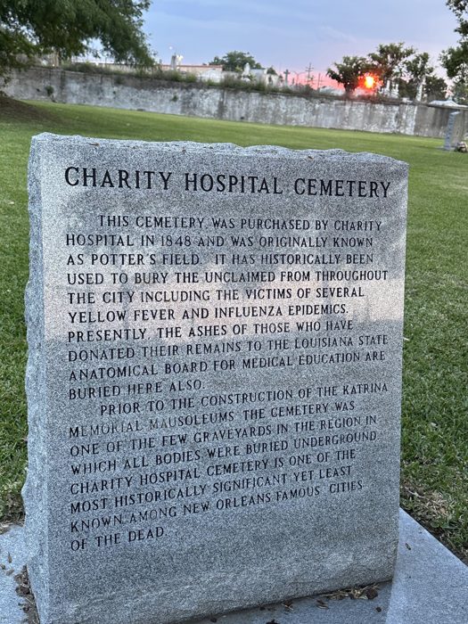 The Charity Hospital Cemetery marker telling the story of this historic burial ground.